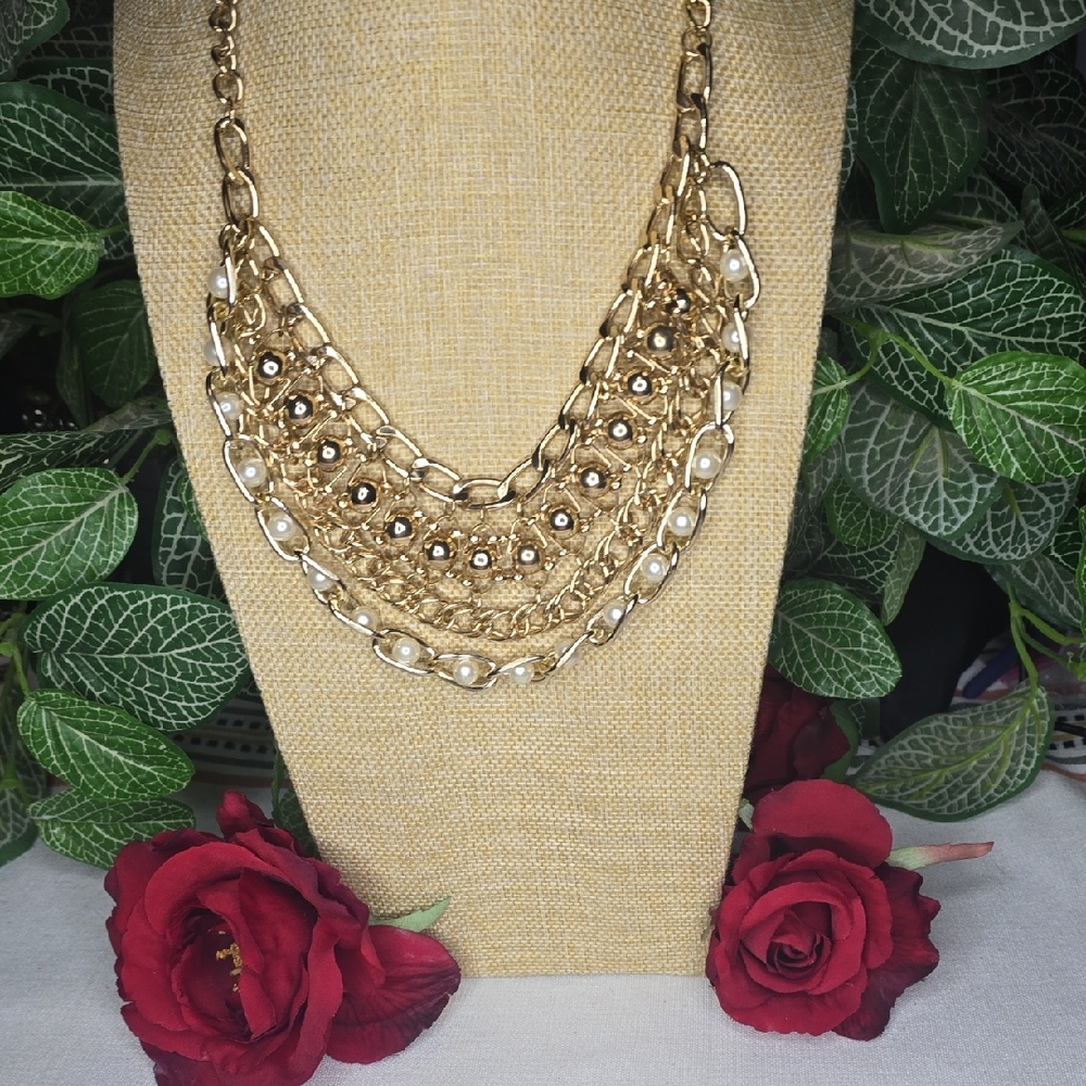 Chunky Gold-tone Multi Strand Faux Pearl Bib Statement Necklace